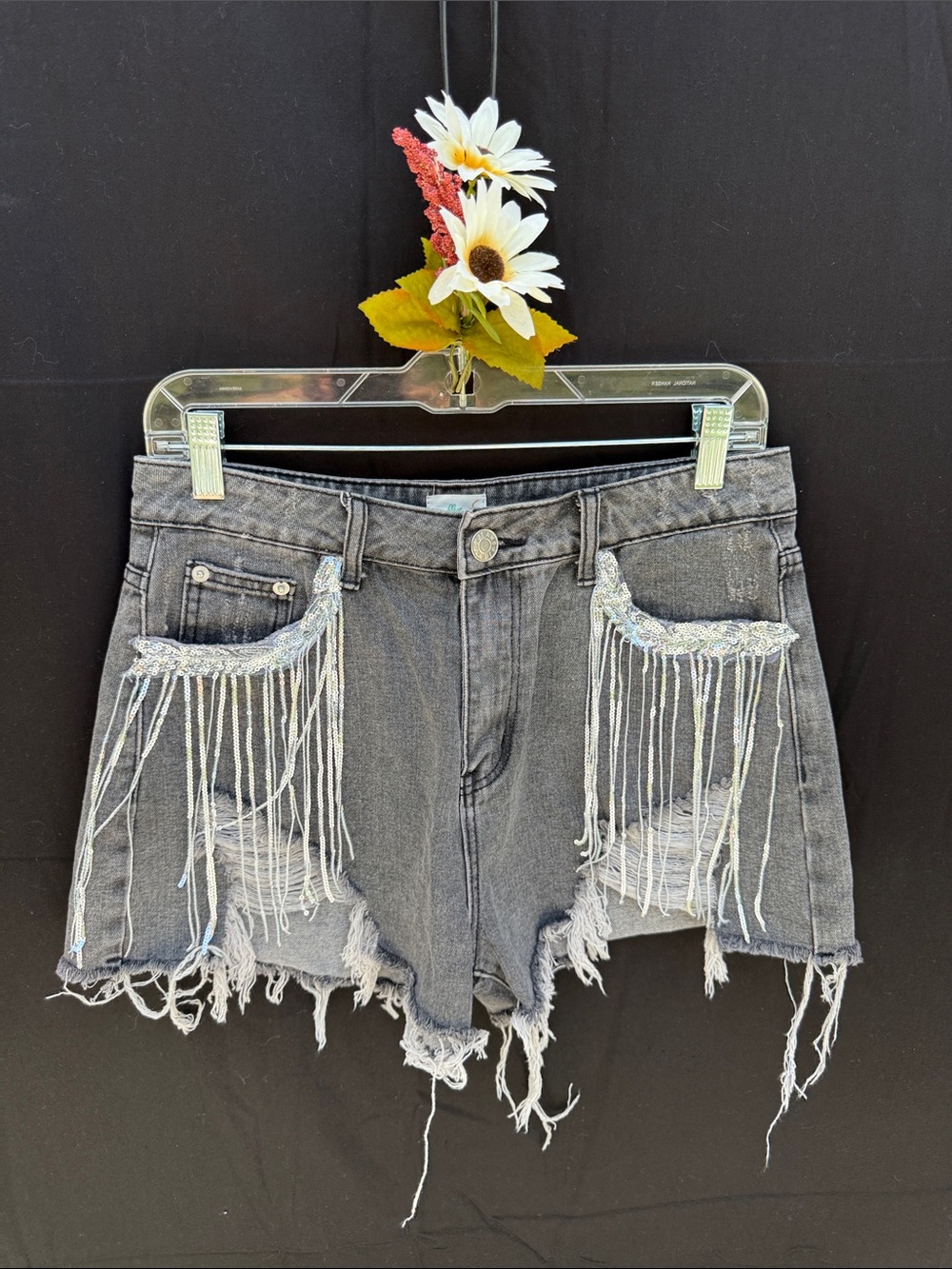Blue Buttercup Gray distressed Denim Shorts sparkling sequins and fringe Size M